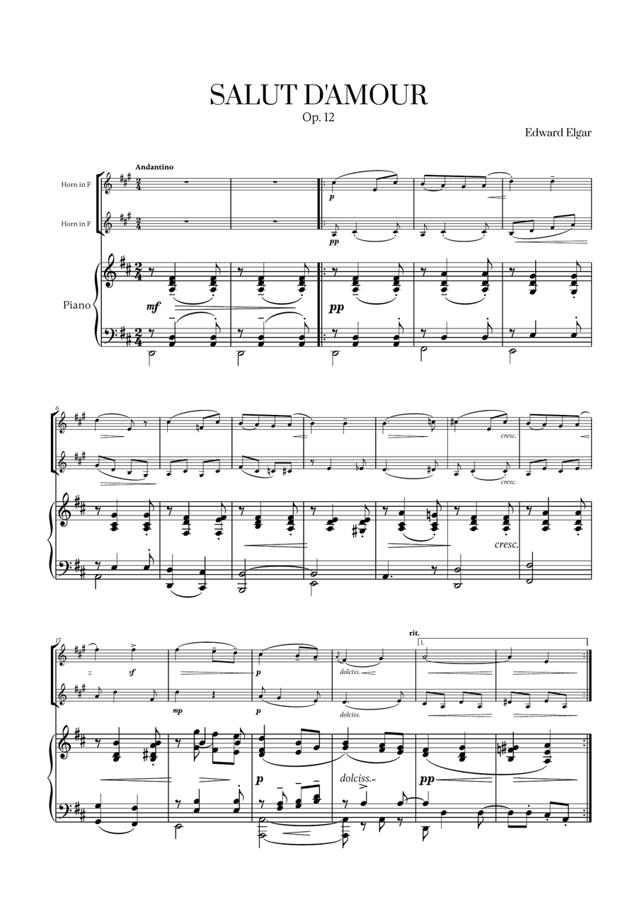 Edward Elgar - Salut d'Amour (D major) (for French Horn Duet and Piano) Brass Duet scores gallery preview page 1
