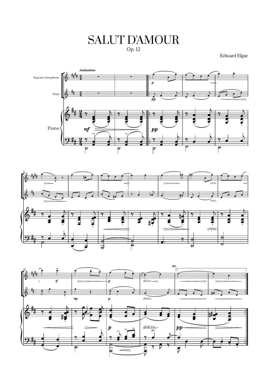 Edward Elgar - Salut d'Amour (D major) (for Soprano Saxophone, Flute and Piano) Woodwind Duet scores gallery preview page 1