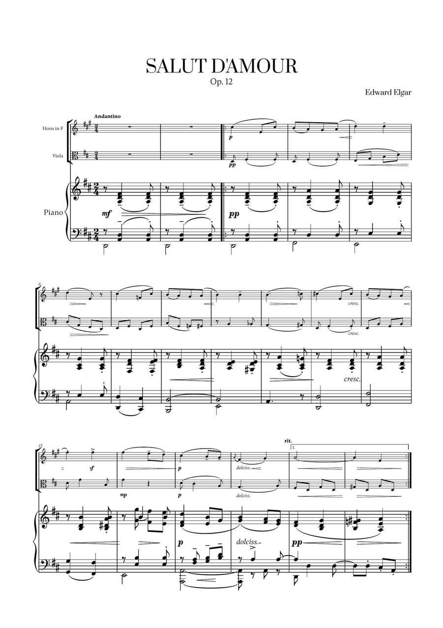 Edward Elgar - Salut d'Amour (D major) (for French Horn, Viola and Piano) Horn scores gallery preview page 1
