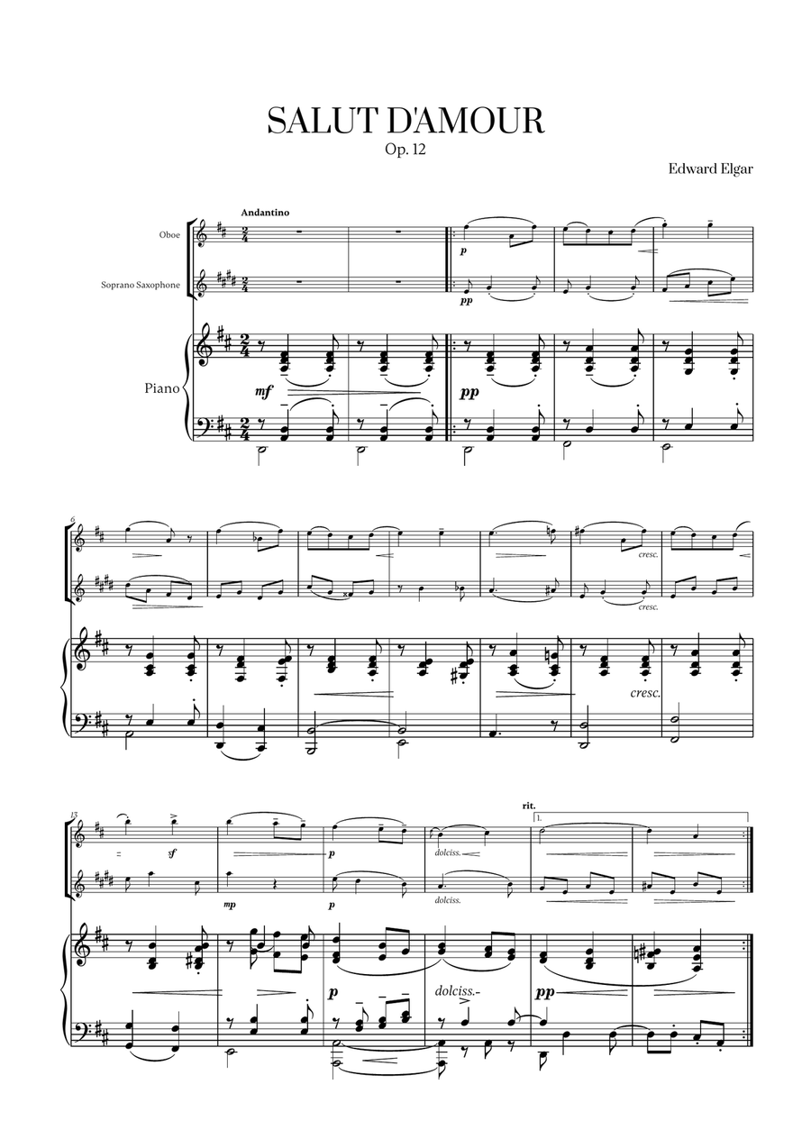 Edward Elgar - Salut d'Amour (D major) (for Oboe, Soprano Saxophone and Piano) Woodwind Duet scores gallery preview page 1