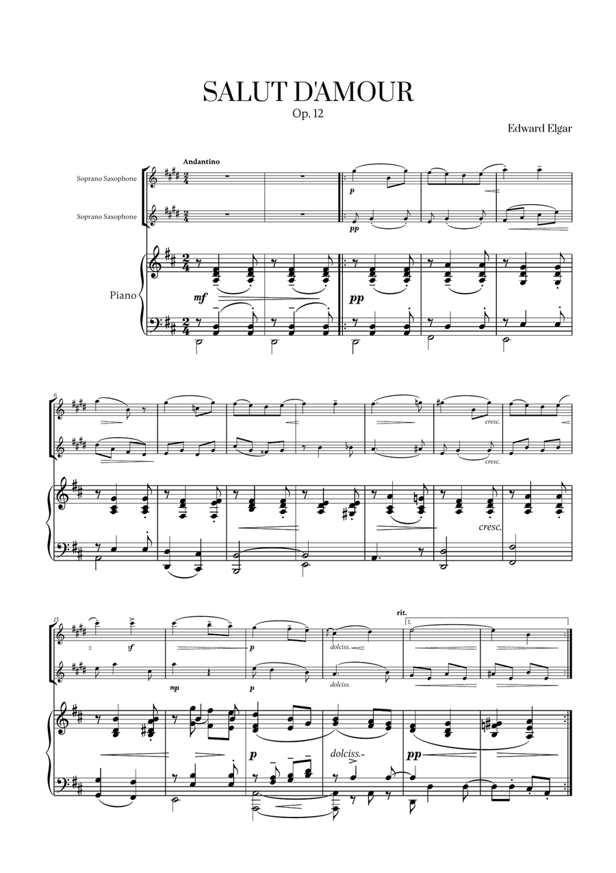 Edward Elgar - Salut d'Amour (D major) (for Soprano Saxophone Duet and Piano) Woodwind Duet scores gallery preview page 1