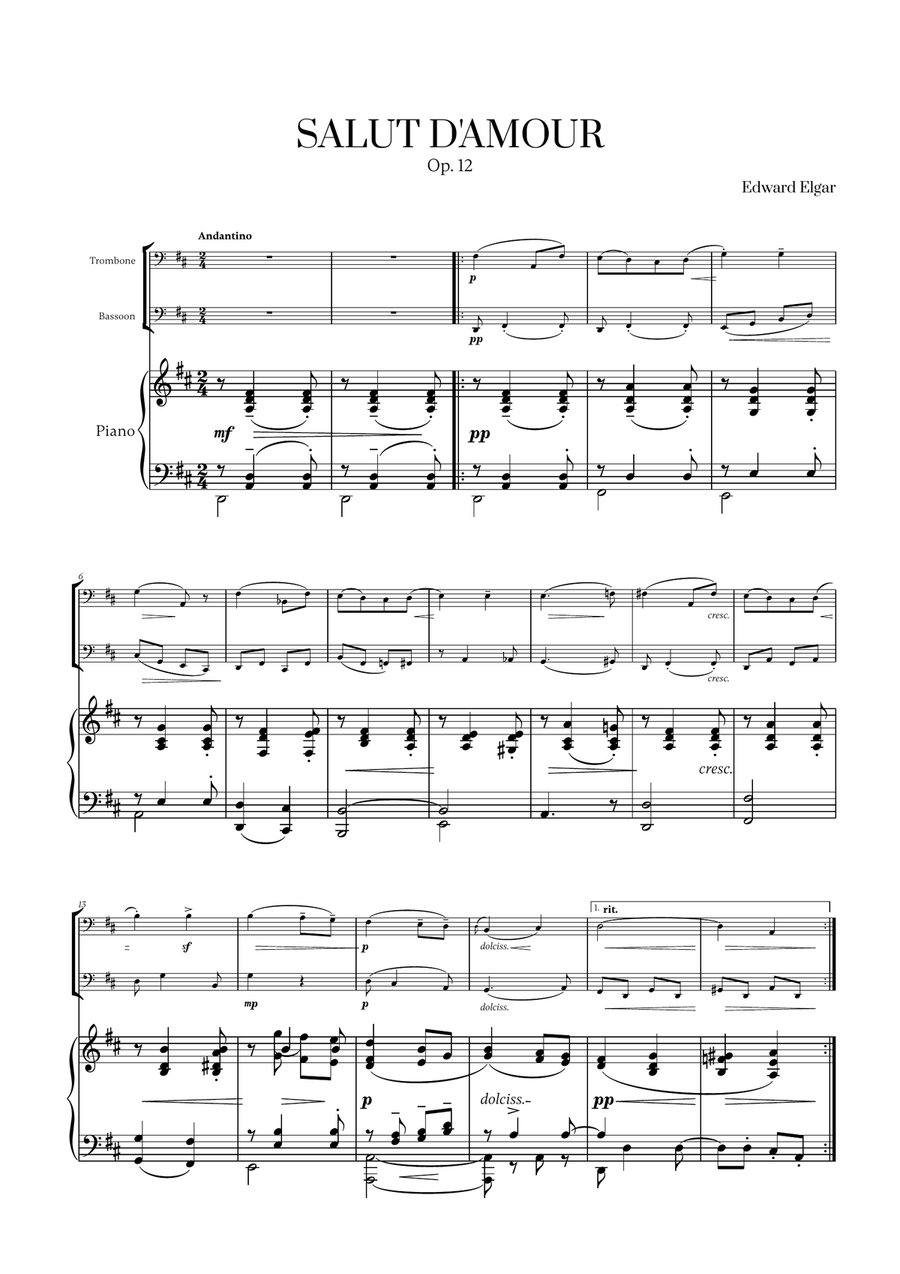 Edward Elgar - Salut d'Amour (D major) (for Trombone, Bassoon and Piano) Trombone Duet scores gallery preview page 1