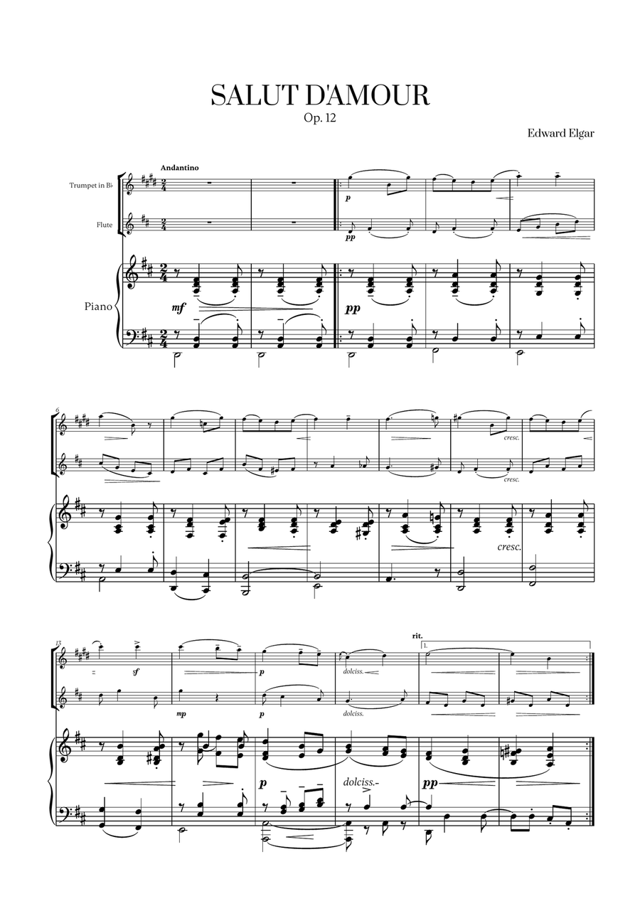 Edward Elgar - Salut d'Amour (D major) (for Trumpet, Flute and Piano) Flute scores gallery preview page 1