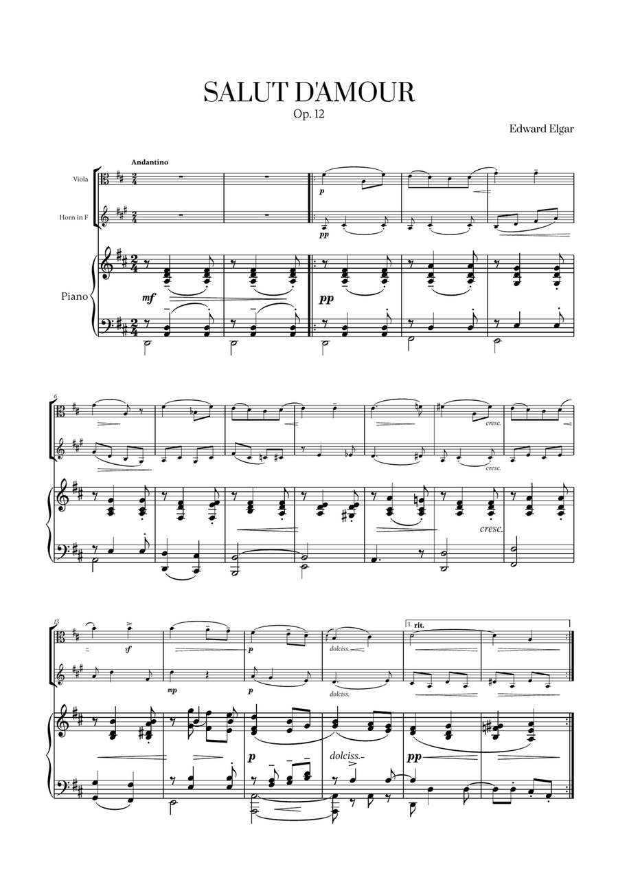 Edward Elgar - Salut d'Amour (D major) (for Viola, French Horn and Piano) Horn scores gallery preview page 1