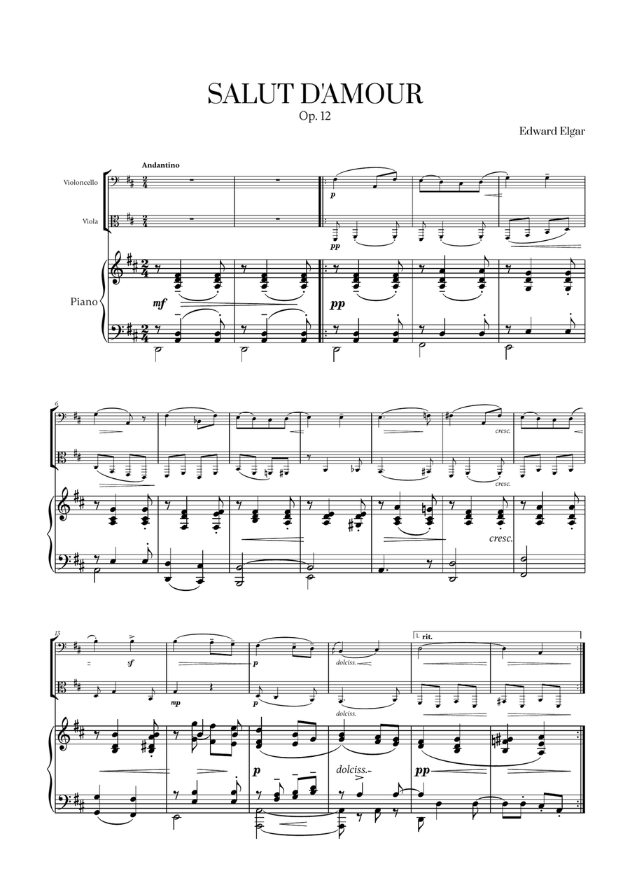 Edward Elgar - Salut d'Amour (D major) (for Cello, Viola and Piano) Cello scores gallery preview page 1