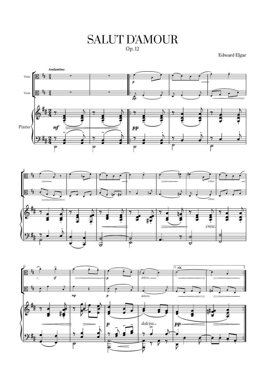 Edward Elgar - Salut d'Amour (D major) (for Viola Duet and Piano) String Duet scores gallery preview page 1