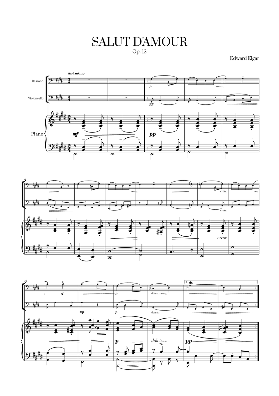 Edward Elgar - Salut d'Amour (for Bassoon, Cello and Piano) Bassoon scores gallery preview page 1