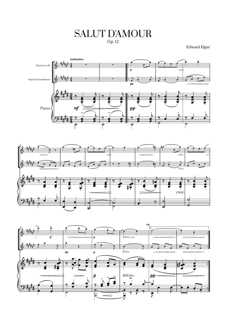 Edward Elgar - Salut d'Amour (for Clarinet, Soprano Saxophone and Piano) Woodwind Duet scores gallery preview page 1
