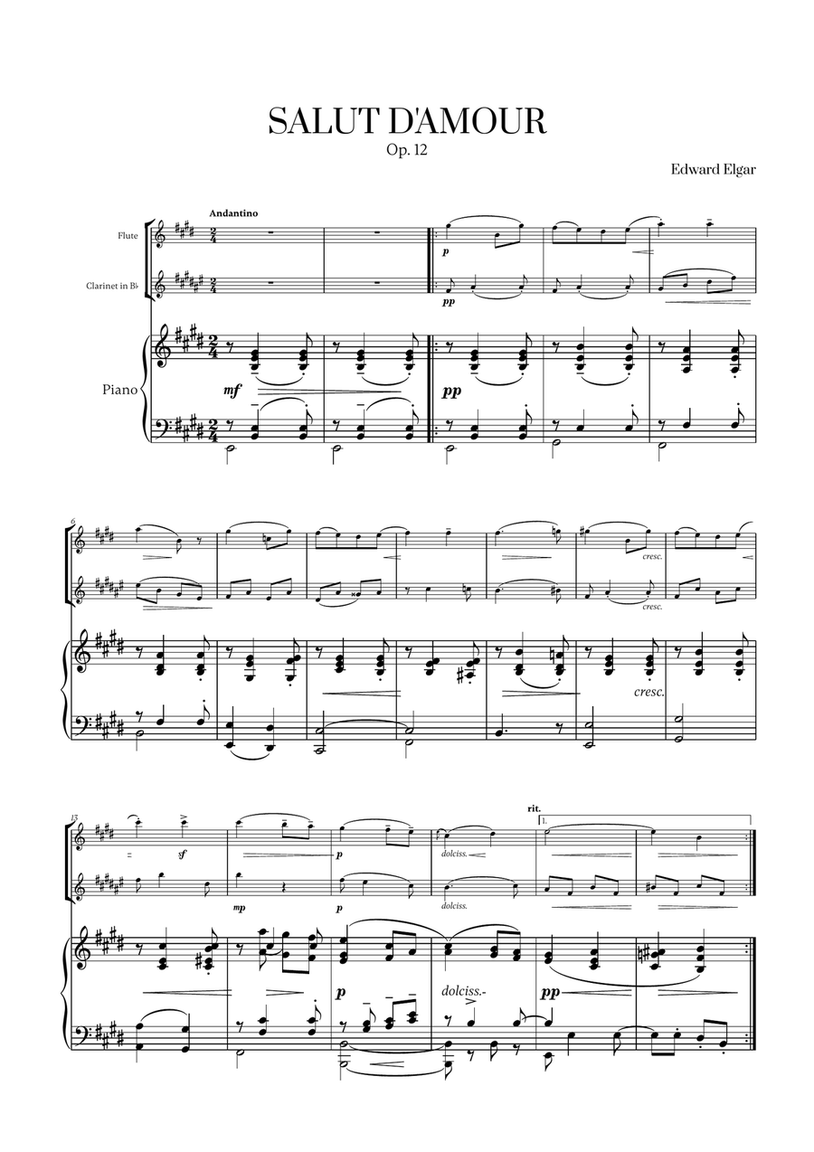Edward Elgar - Salut d'Amour (for Flute, Clarinet and Piano) Woodwind Duet scores gallery preview page 1