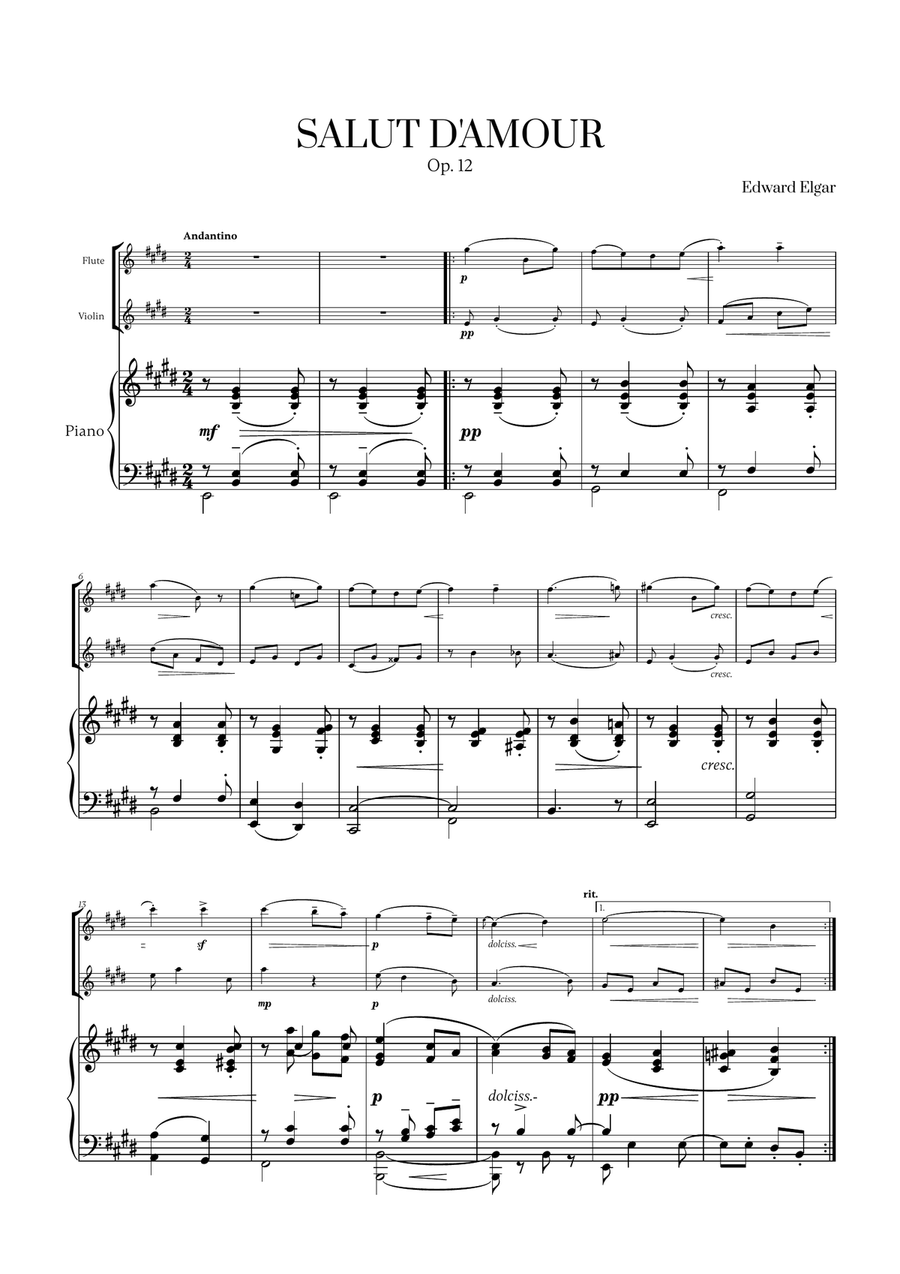 Edward Elgar - Salut d'Amour (for Flute, Violin and Piano) Flute scores gallery preview page 1