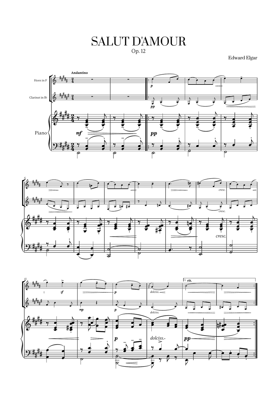 Edward Elgar - Salut d'Amour (for French Horn, Clarinet and Piano) Woodwind Duet scores gallery preview page 1
