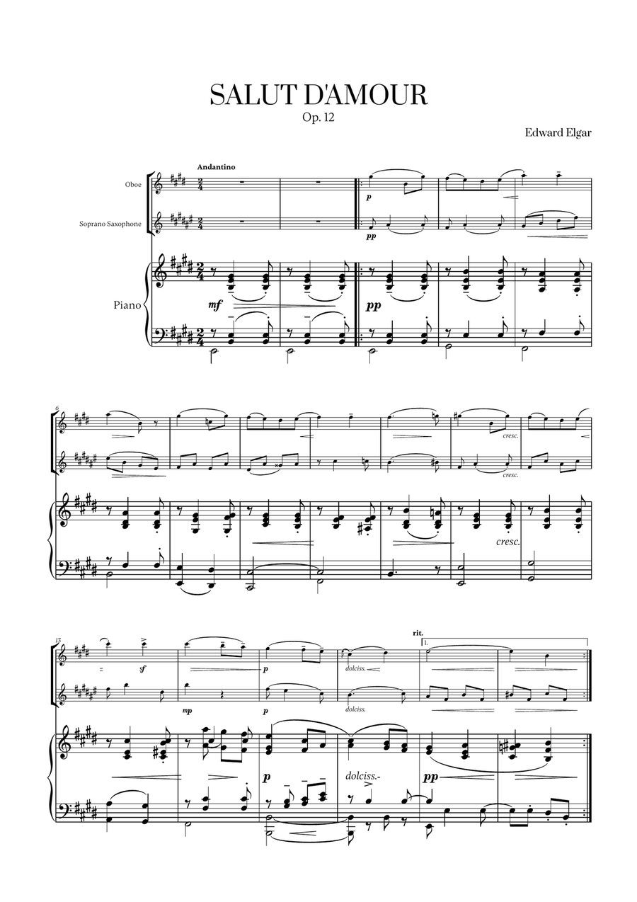 Edward Elgar - Salut d'Amour (for Oboe, Soprano Saxophone and Piano) Woodwind Duet scores gallery preview page 1