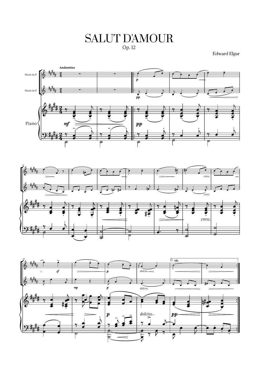 Edward Elgar - Salut d'Amour (for French Horn Duet and Piano) Brass Duet scores gallery preview page 1