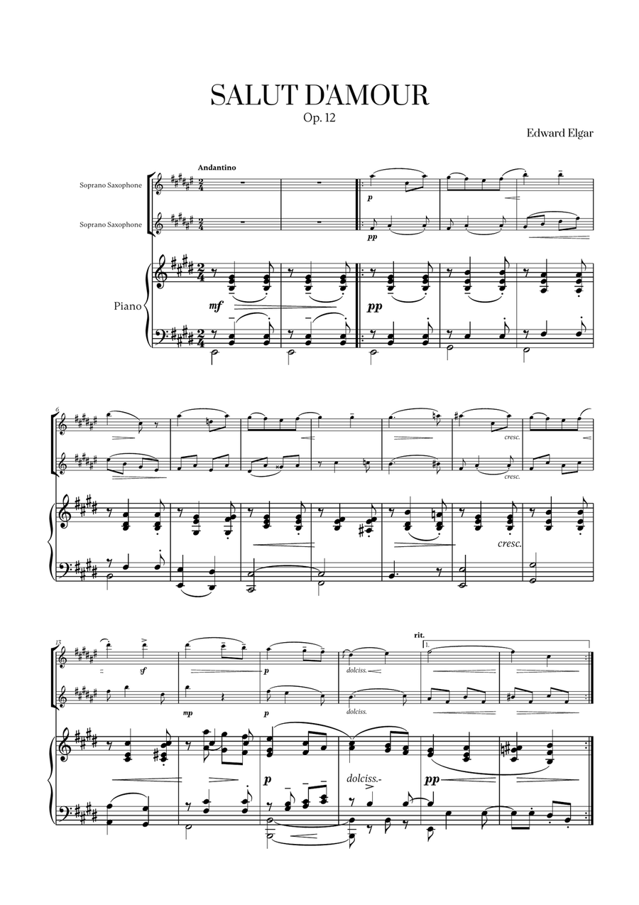 Edward Elgar - Salut d'Amour (for Soprano Saxophone Duet and Piano) Woodwind Duet scores gallery preview page 1