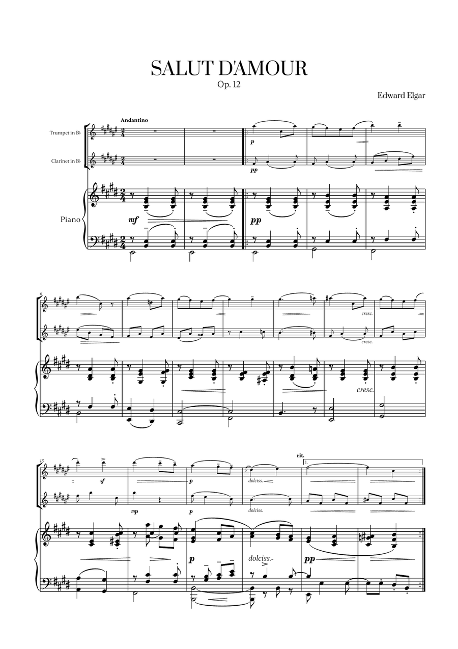 Edward Elgar - Salut d'Amour (for Trumpet, Clarinet and Piano) B-Flat Clarinet scores gallery preview page 1