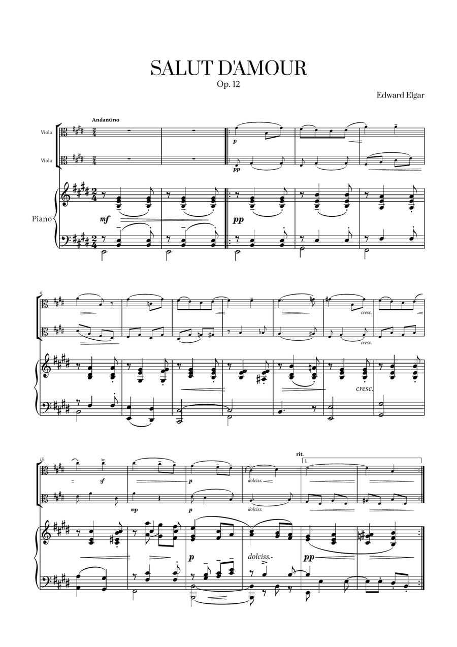 Edward Elgar - Salut d'Amour (for Viola Duet and Piano) String Duet scores gallery preview page 1
