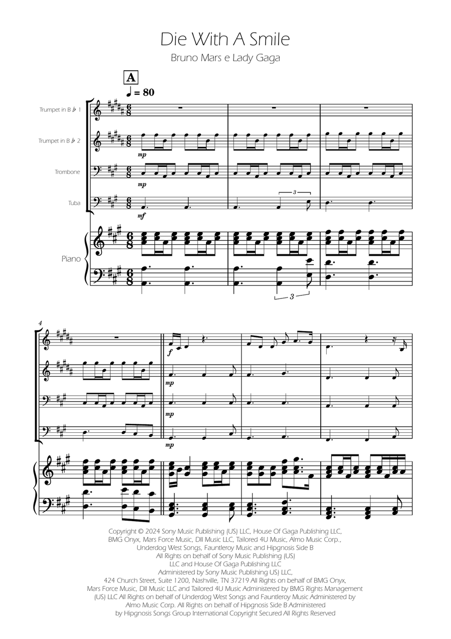 Die With A Smile Brass Quartet scores gallery preview page 1