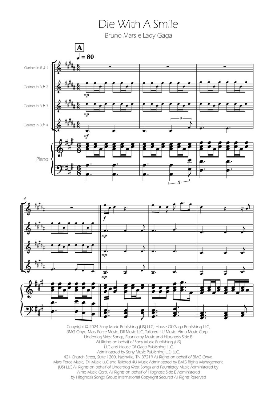 Die With A Smile Clarinet Quartet scores gallery preview page 1