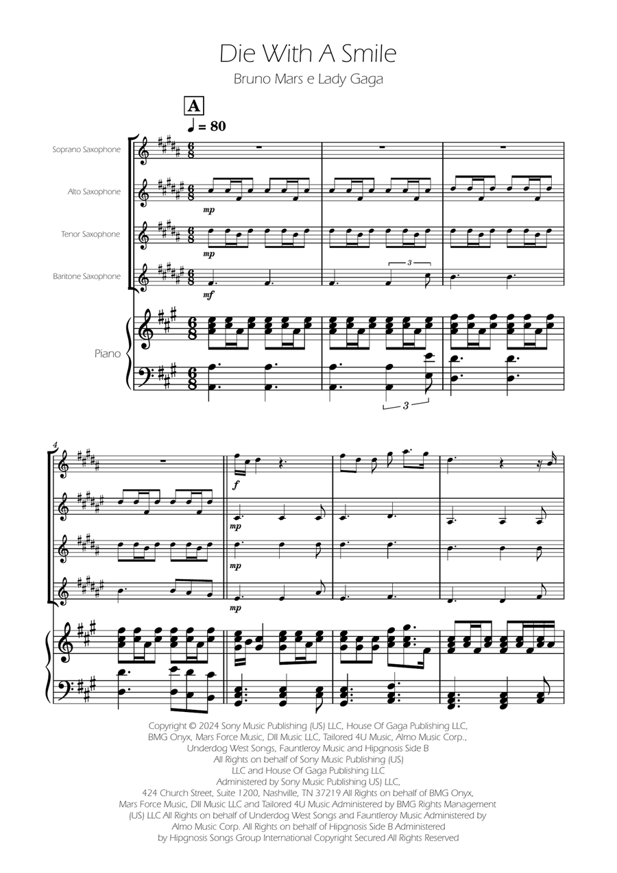 Die With A Smile Saxophone Quartet scores gallery preview page 1