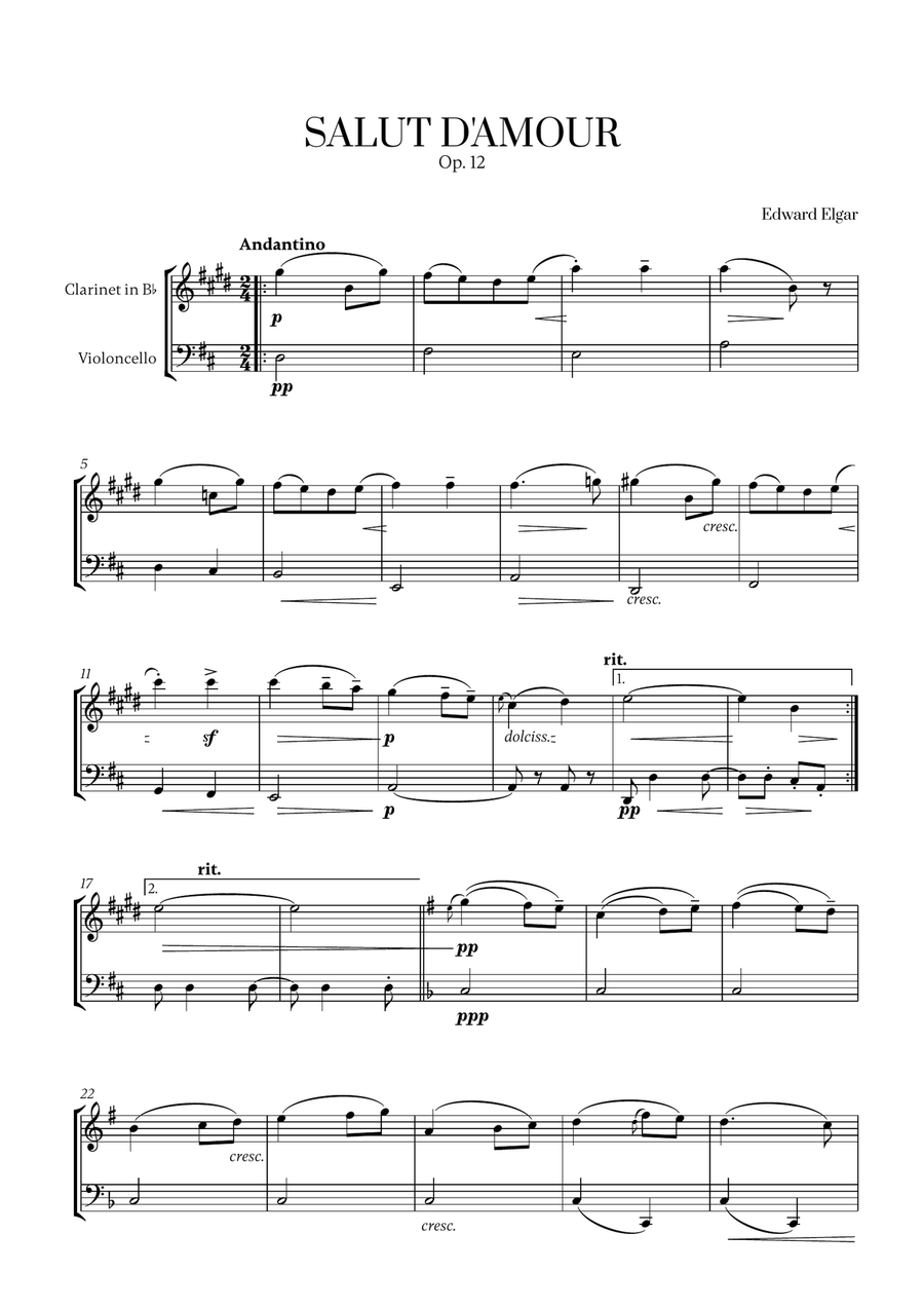 Edward Elgar - Salut d'Amour (D major) for Clarinet and Cello B-Flat Clarinet scores gallery preview page 1