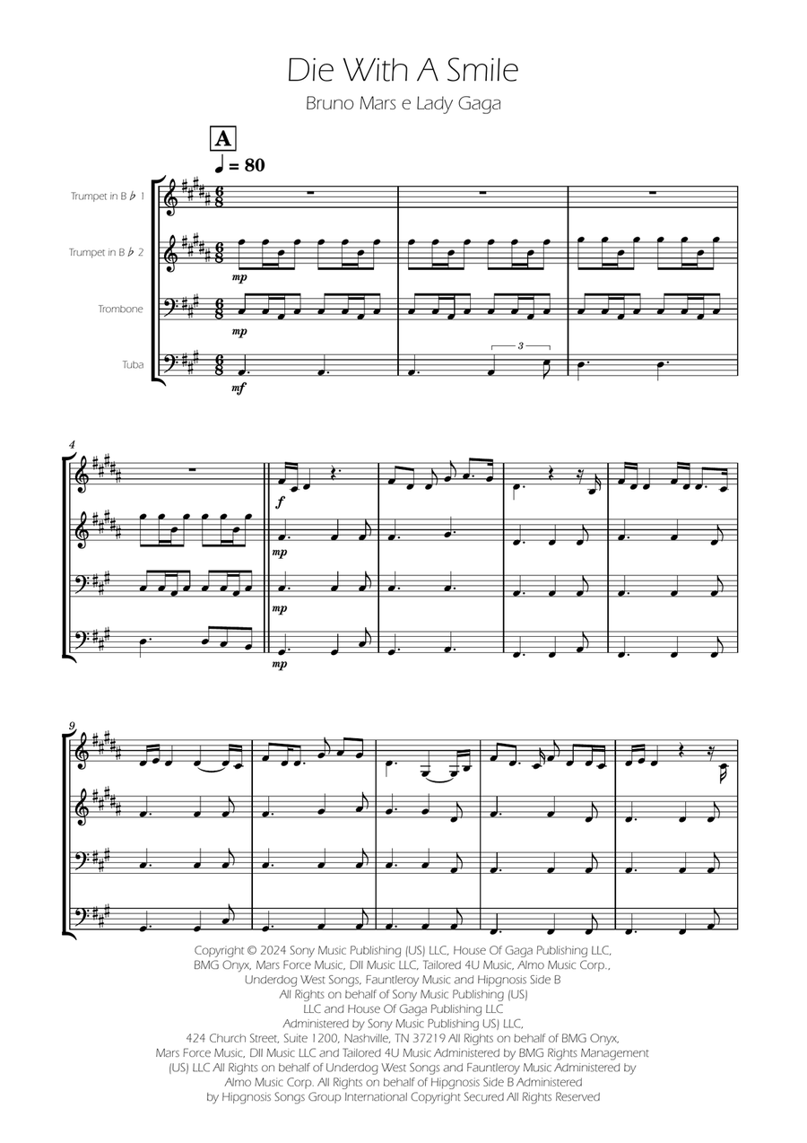 Die With A Smile Brass Quartet scores gallery preview page 1