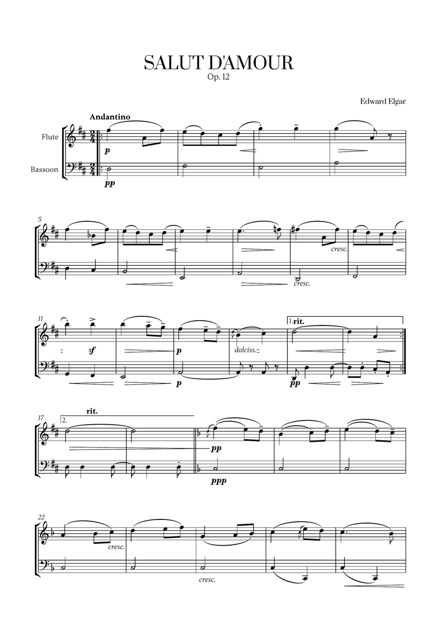 Edward Elgar - Salut d'Amour (D major) for Flute and Bassoon Woodwind Duet scores gallery preview page 1