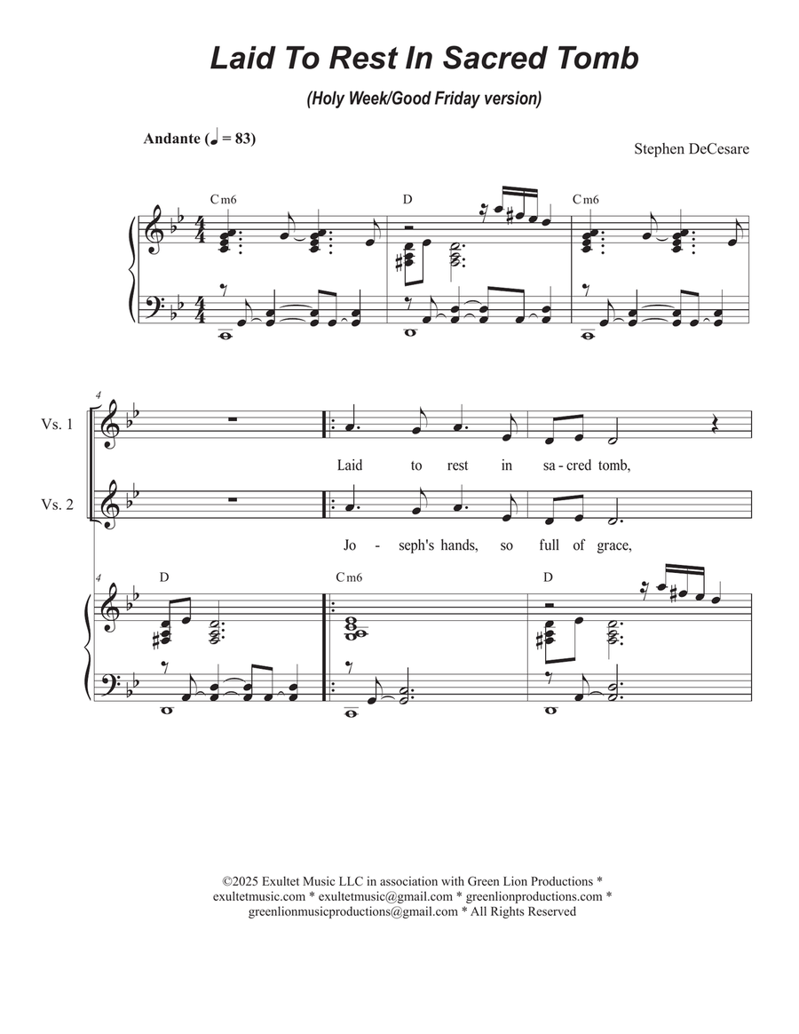 Laid To Rest In Sacred Tomb (Holy Week/Good Friday version) (Unison choir) Unison Choir scores gallery preview page 1