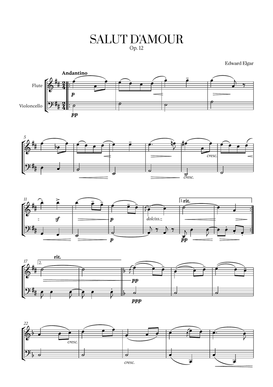 Edward Elgar - Salut d'Amour (D major) for Flute and Cello Flute scores gallery preview page 1