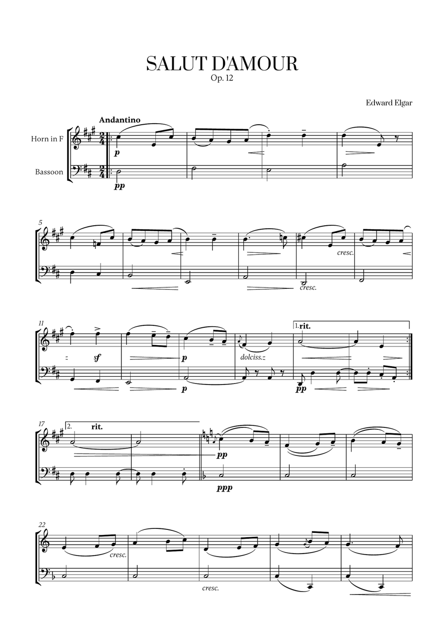 Edward Elgar - Salut d'Amour (D major) for French Horn and Bassoon Woodwind Duet scores gallery preview page 1