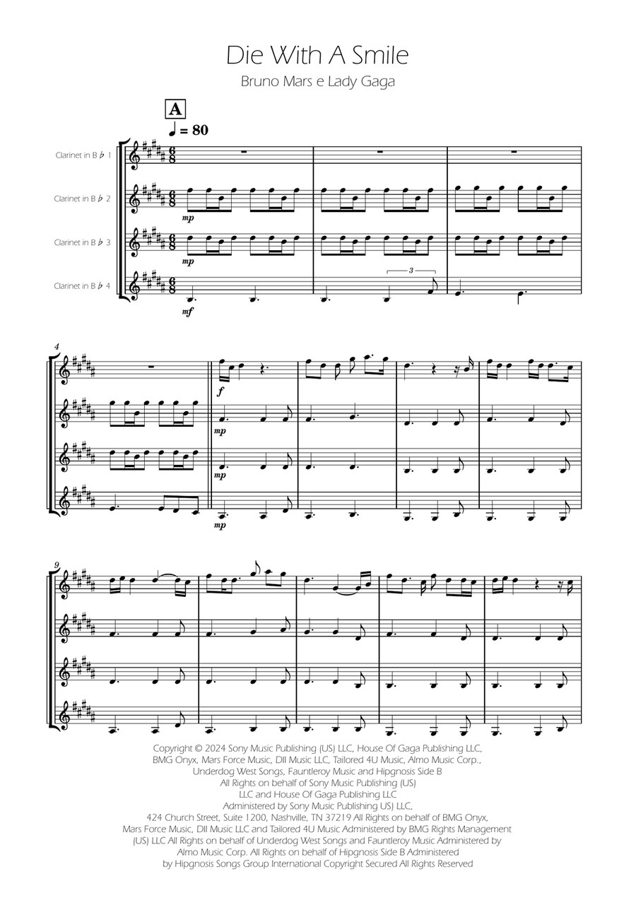 Die With A Smile Clarinet Quartet scores gallery preview page 1