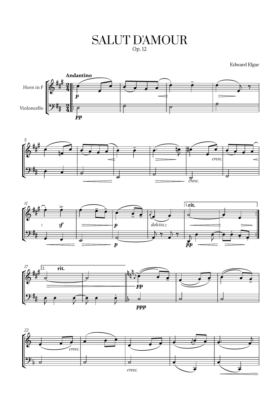 Edward Elgar - Salut d'Amour (D major) for French Horn and Cello Horn scores gallery preview page 1