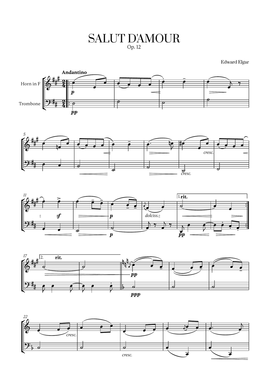 Edward Elgar - Salut d'Amour (D major) for French Horn and Trombone Brass Duet scores gallery preview page 1