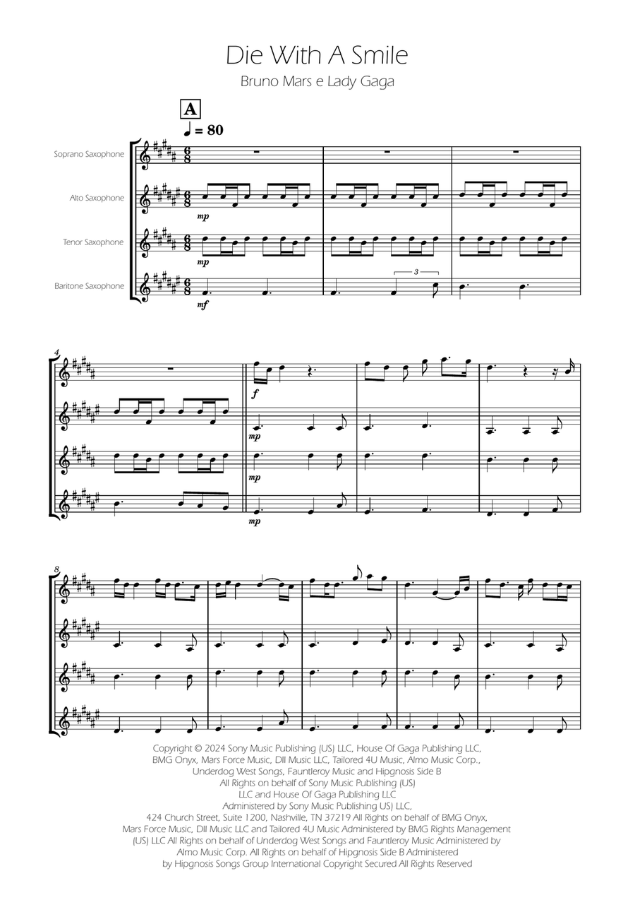 Die With A Smile Saxophone Quartet scores gallery preview page 1