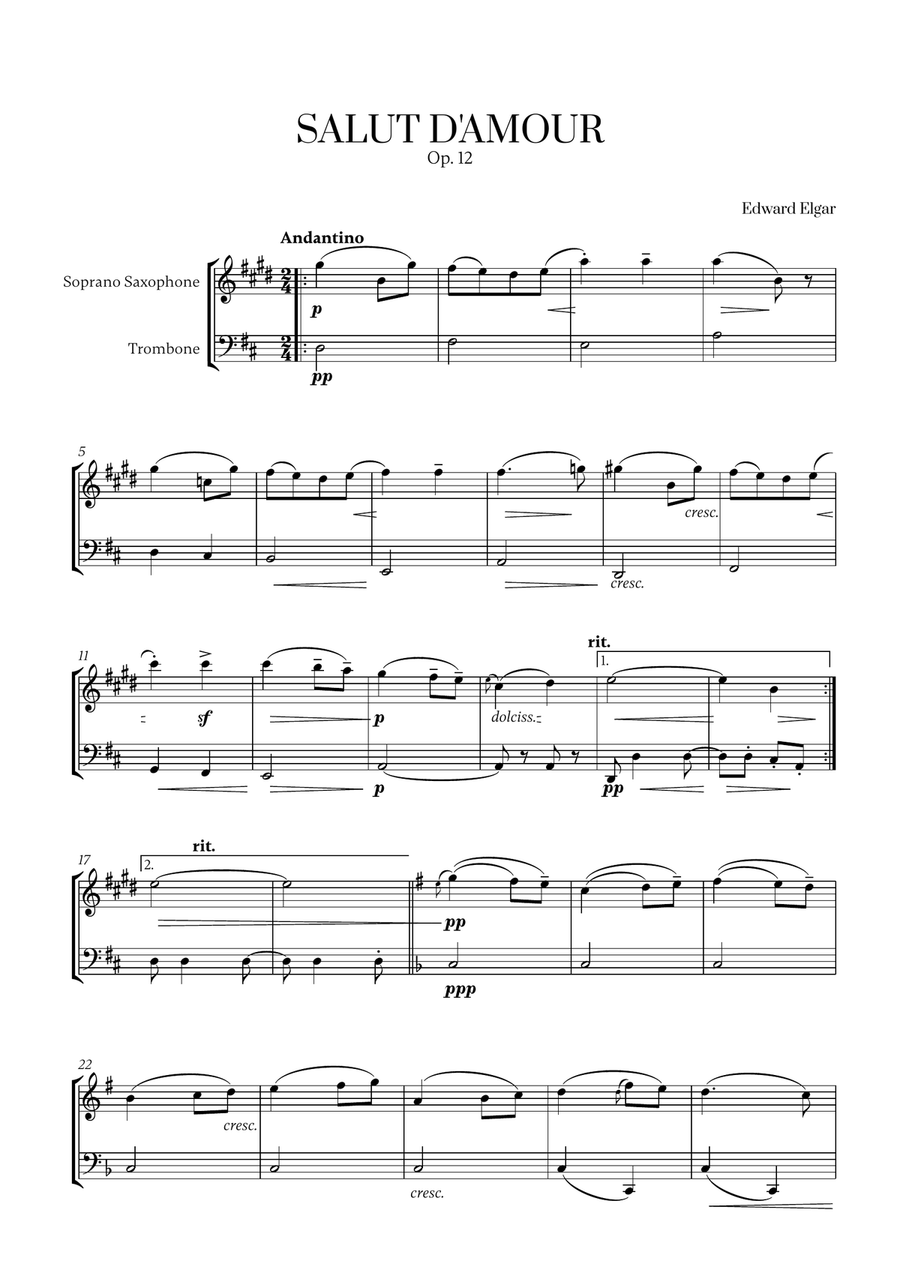 Edward Elgar - Salut d'Amour (D major) for Soprano Saxophone and Trombone Trombone Duet scores gallery preview page 1