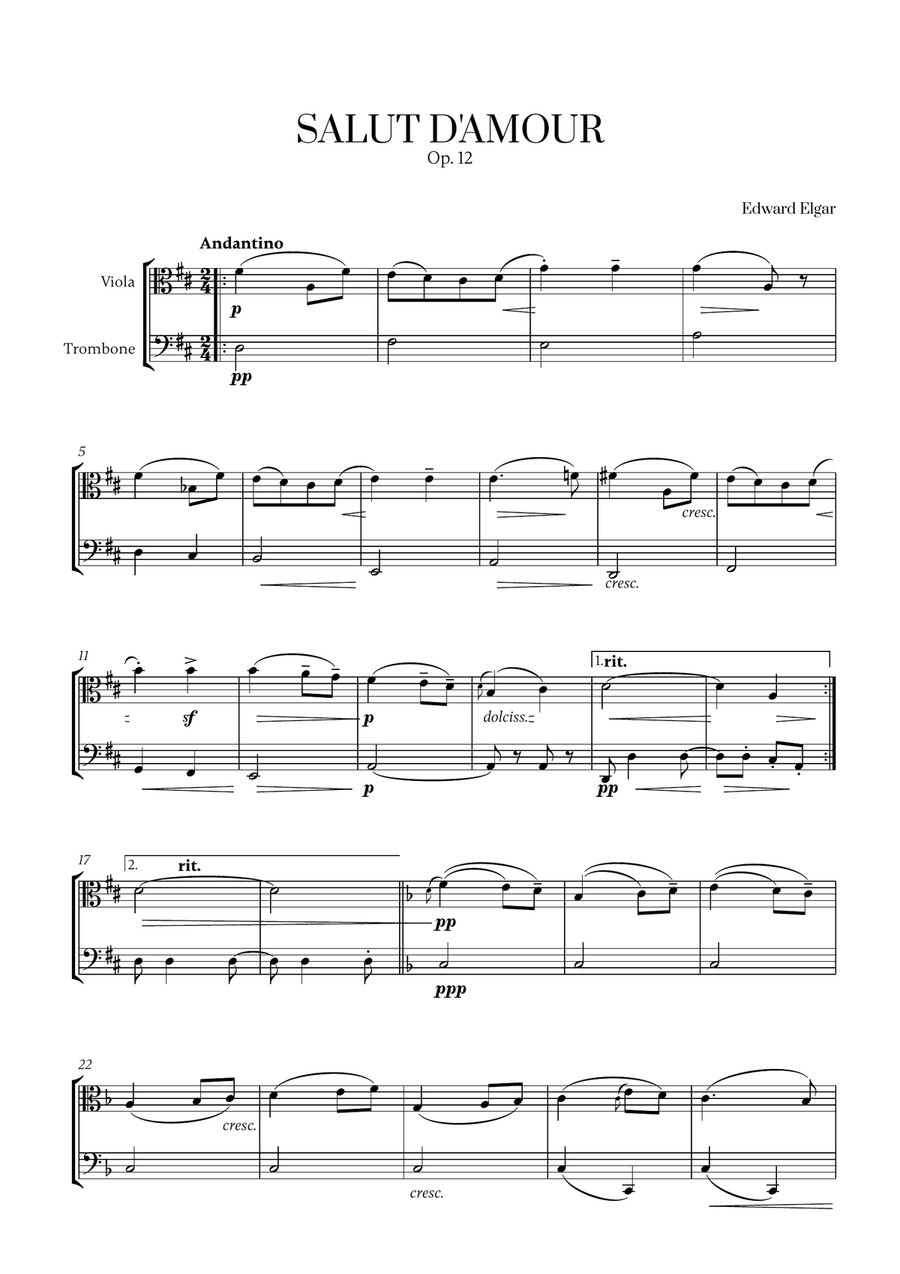 Edward Elgar - Salut d'Amour (D major) for Viola and Trombone Trombone scores gallery preview page 1