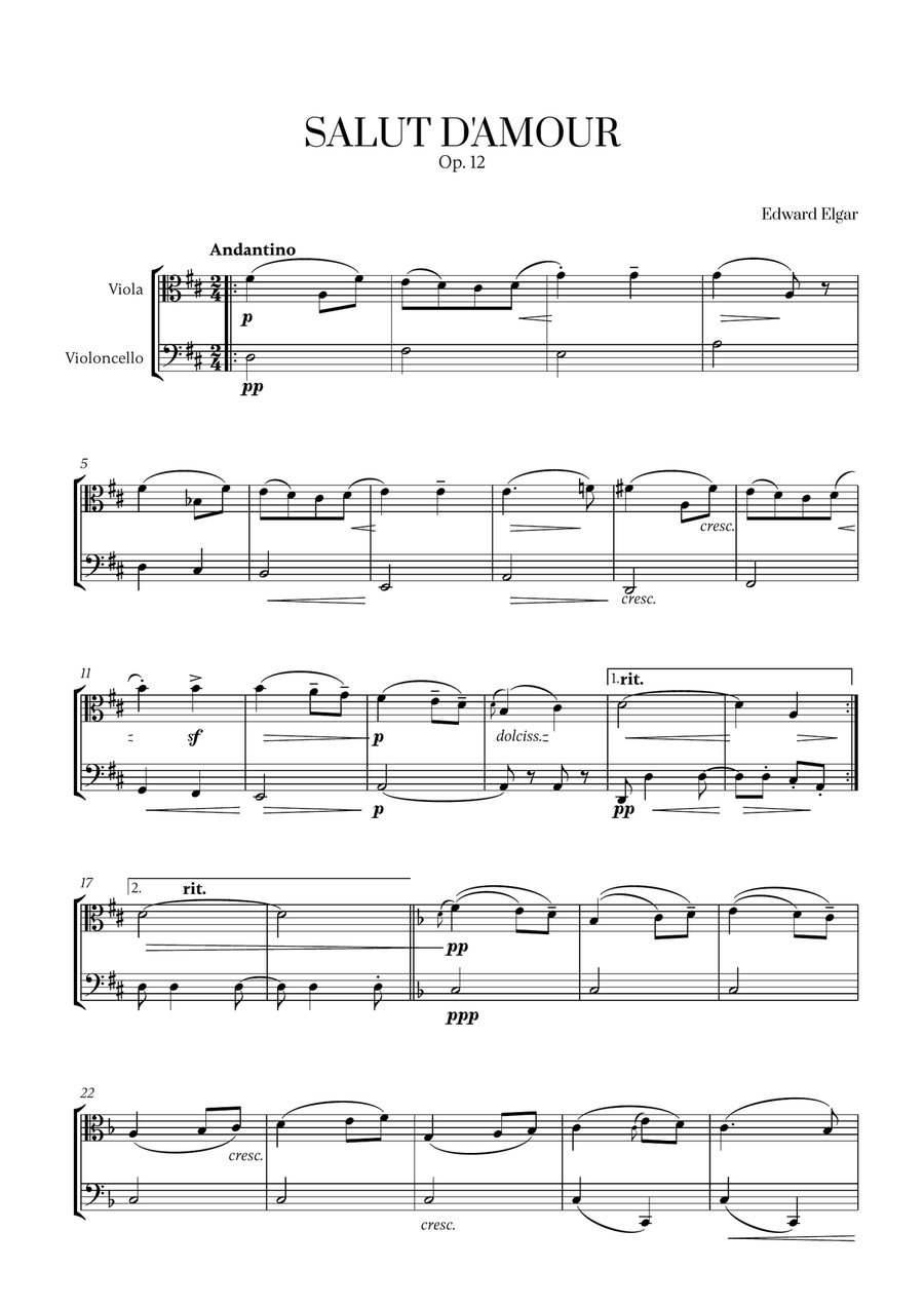 Edward Elgar - Salut d'Amour (D major) for Viola and Cello String Duet scores gallery preview page 1