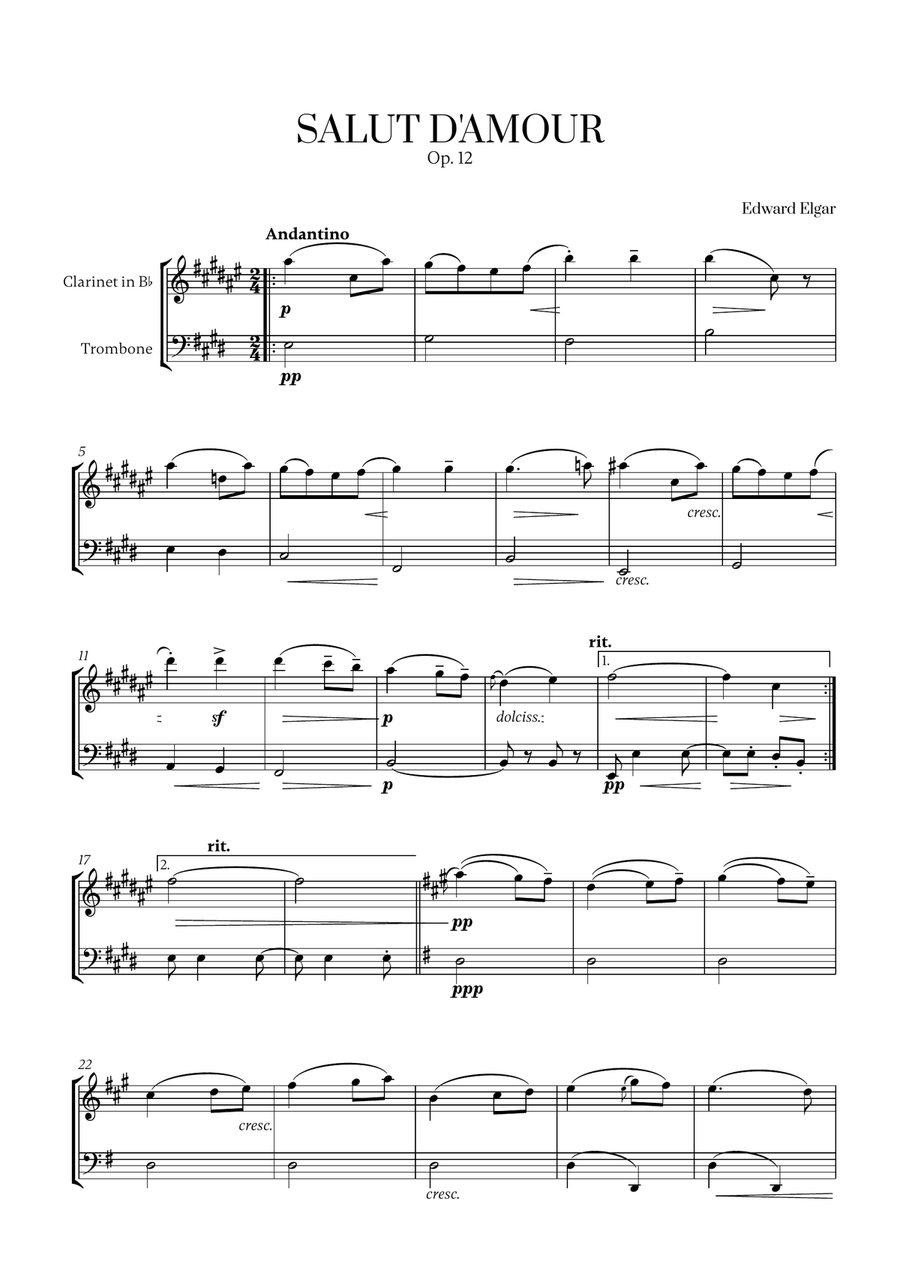 Edward Elgar - Salut d'Amour for Clarinet and Trombone B-Flat Clarinet scores gallery preview page 1