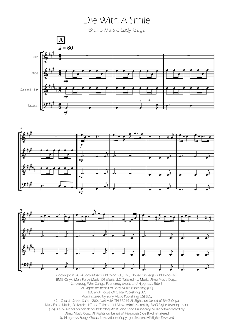 Die With A Smile Woodwind Quartet scores gallery preview page 1