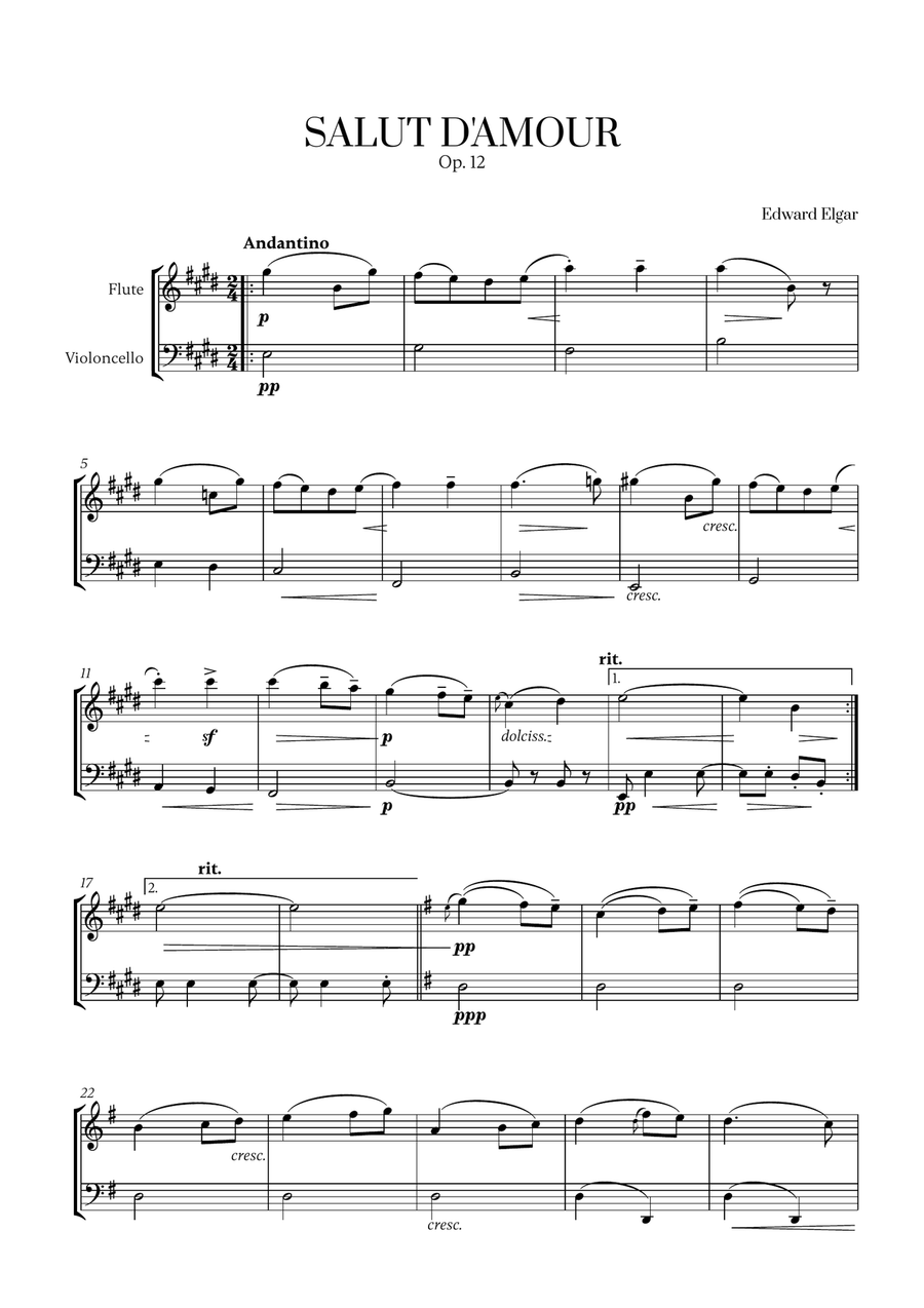 Edward Elgar - Salut d'Amour for Flute and Cello Flute scores gallery preview page 1