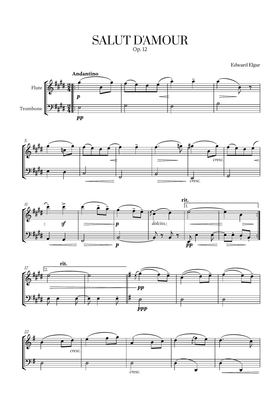 Edward Elgar - Salut d'Amour for Flute and Trombone Flute scores gallery preview page 1