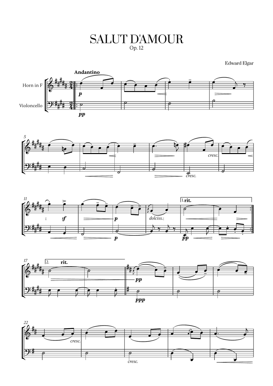 Edward Elgar - Salut d'Amour for French Horn and Cello Horn scores gallery preview page 1