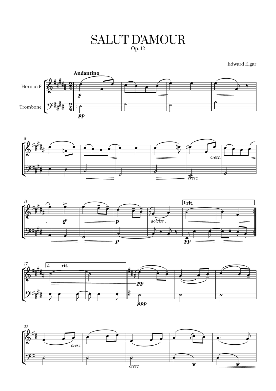 Edward Elgar - Salut d'Amour for French Horn and Trombone Brass Duet scores gallery preview page 1