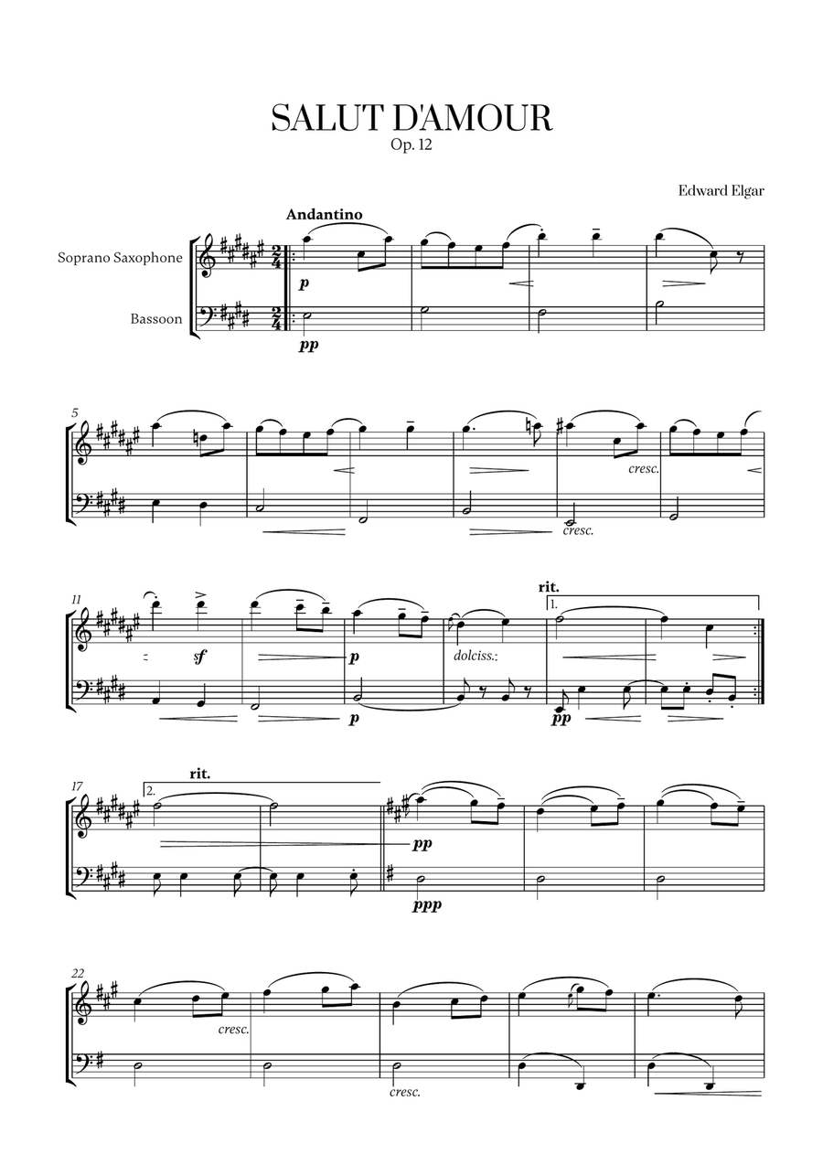 Edward Elgar - Salut d'Amour for Soprano Saxophone and Bassoon Woodwind Duet scores gallery preview page 1