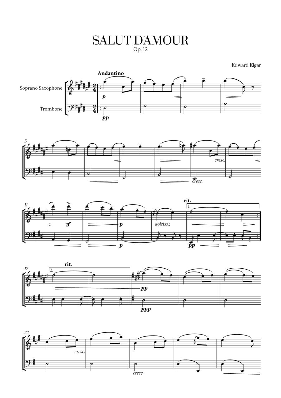 Edward Elgar - Salut d'Amour for Soprano Saxophone and Trombone Trombone Duet scores gallery preview page 1