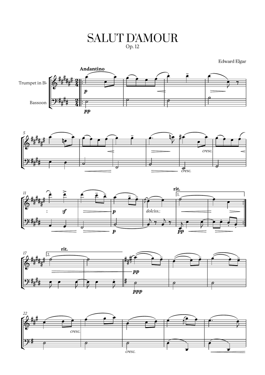 Edward Elgar - Salut d'Amour for Trumpet in Bb and Bassoon Bassoon scores gallery preview page 1