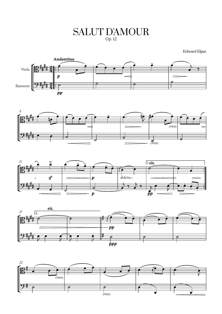 Edward Elgar - Salut d'Amour for Viola and Bassoon Bassoon scores gallery preview page 1