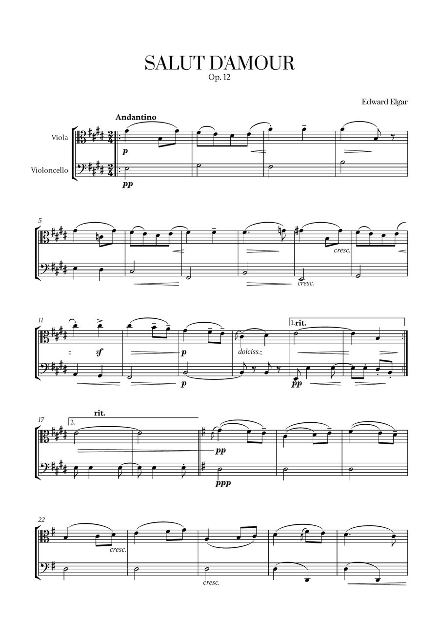 Edward Elgar - Salut d'Amour for Viola and Cello String Duet scores gallery preview page 1