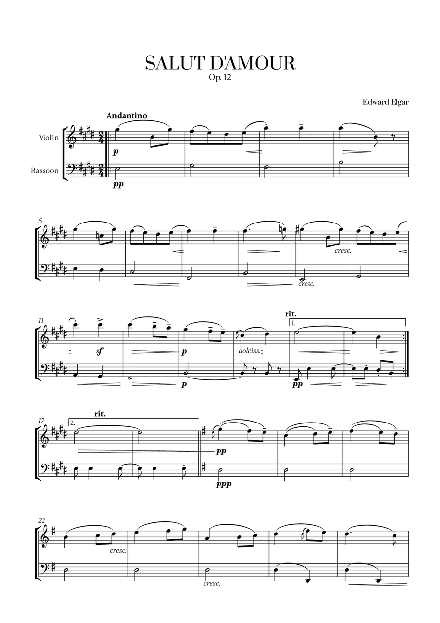 Edward Elgar - Salut d'Amour for Violin and Bassoon Bassoon scores gallery preview page 1