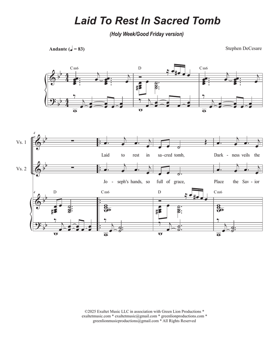 Laid To Rest In Sacred Tomb (Holy Week/Good Friday version) (Vocal Trio - (SAB) 3-Part scores gallery preview page 1