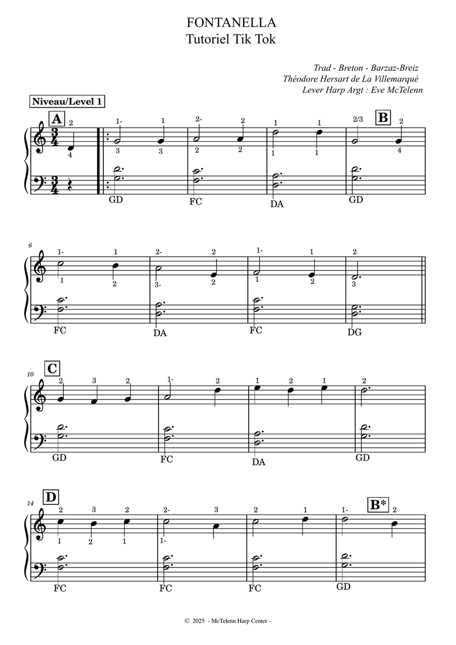 Fontanella - 4 Versions - Beginner & 27 String Harp | McTelenn Harp Center Celtic Harp scores gallery preview page 2
